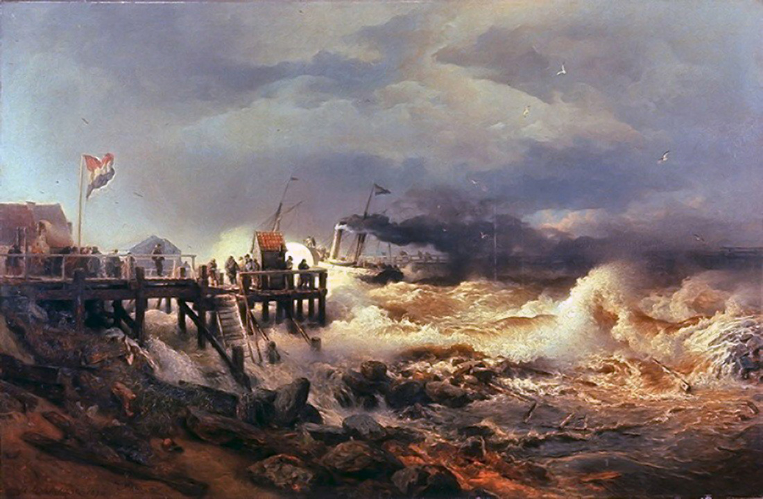 departure of a steamer in a storm